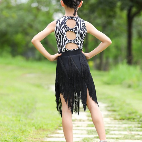 Black with white zebra printed fringed latin dance dresses for girls kids children salsa rumba cha cha performance outfits for girls